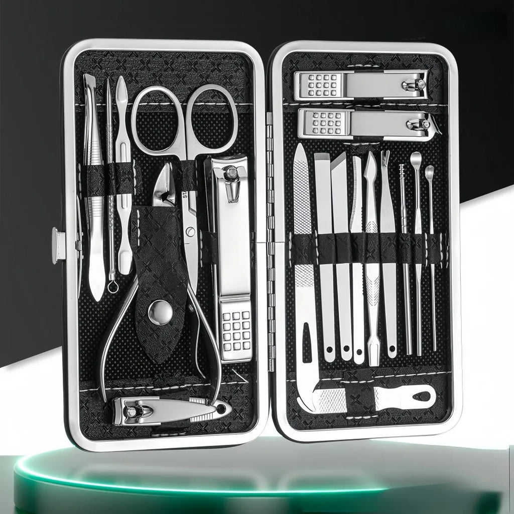 Juego de 19 piezas de acero inoxidable: cortaúñas, cortaúñas diagonales, herramientas para pedicura, limpiadores de oídos, cucharillas y kit de decoración de uñas.