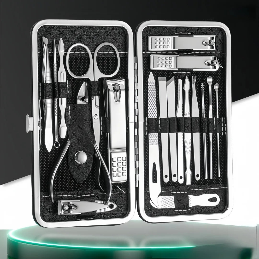 Juego de 19 piezas de acero inoxidable: cortaúñas, cortaúñas diagonales, herramientas para pedicura, limpiadores de oídos, cucharillas y kit de decoración de uñas.