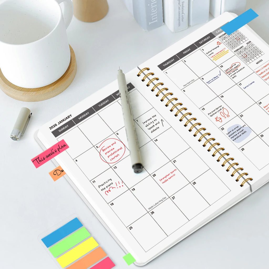 Agenda semanal y mensual A5 2026-2027 – Organizador de espiral de enero de 2026 a diciembre de 2027 con calendario y notas; material escolar y de oficina