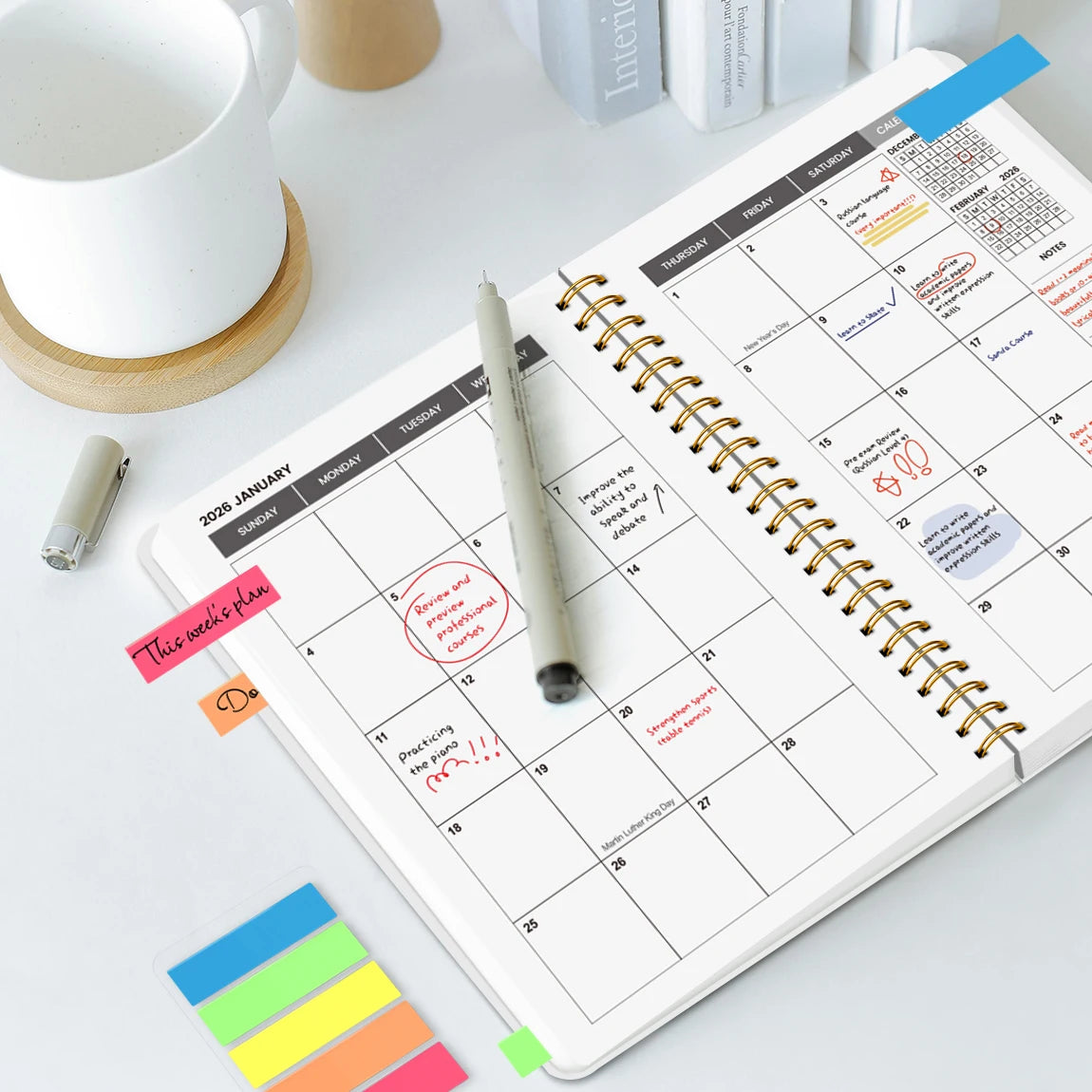 Agenda semanal y mensual A5 2026-2027 – Organizador de espiral de enero de 2026 a diciembre de 2027 con calendario y notas; material escolar y de oficina
