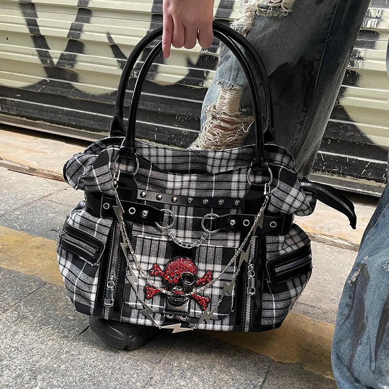 Bolso de hombro rosa a cuadros estilo Y2K; bolso de mano de gran capacidad estilo Harajuku; maletín de lona moderno y original tipo tote punk.